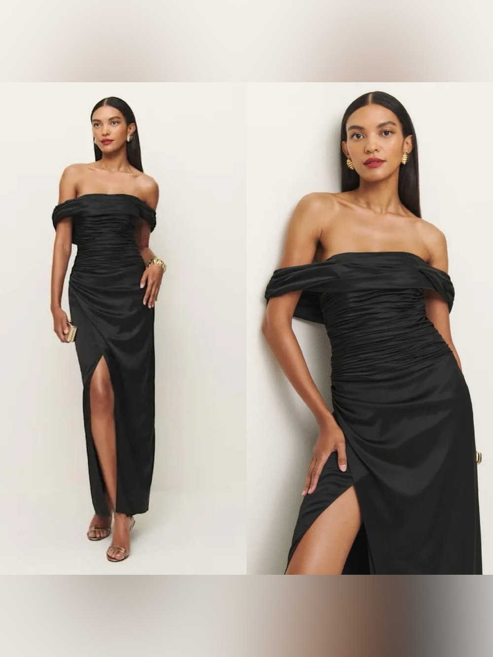 NWT Reformation Parand black ruched off shoulder maxi dress